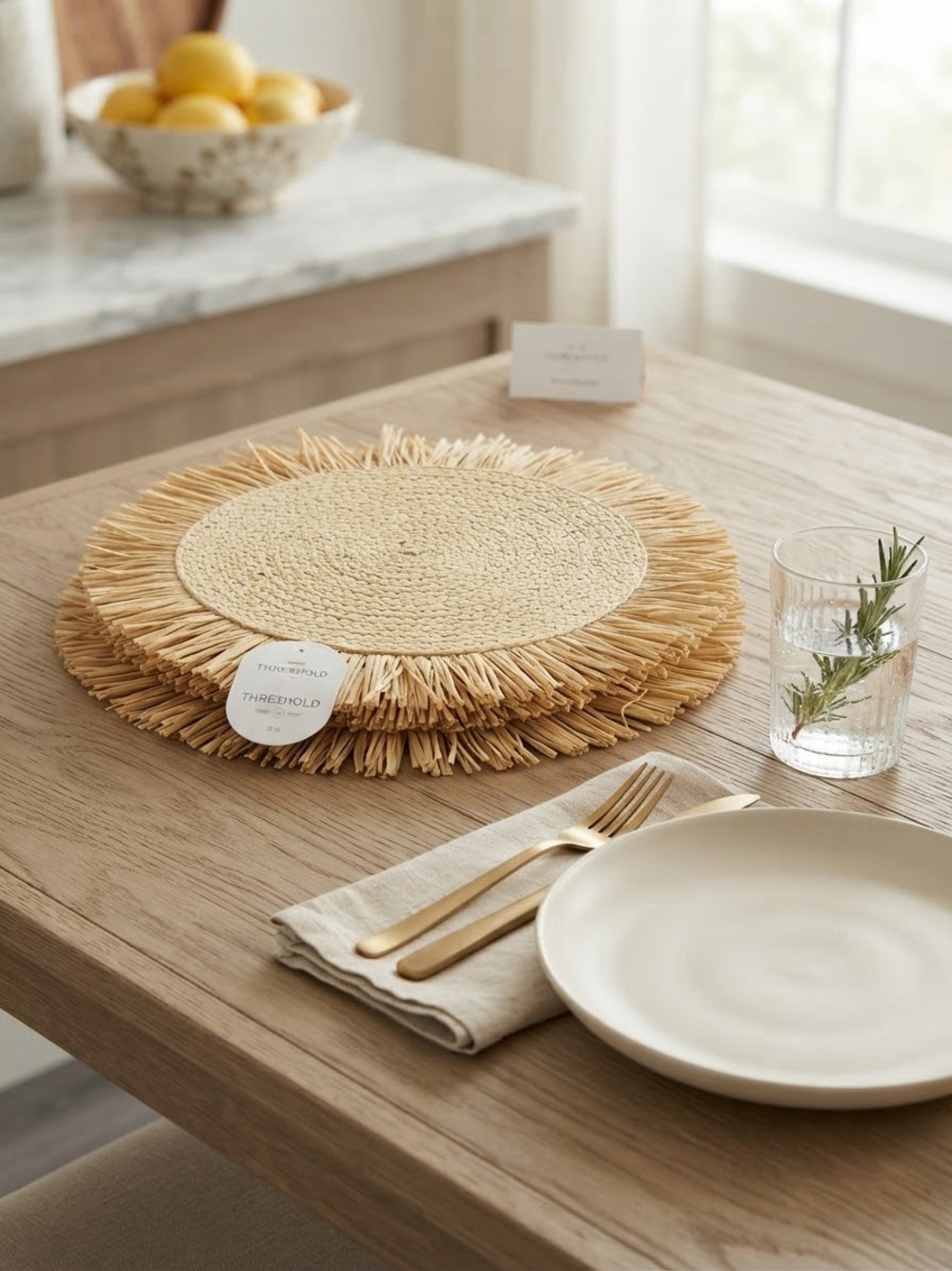 Threshold Woven Round Fringe Placemats in Brown NWT
